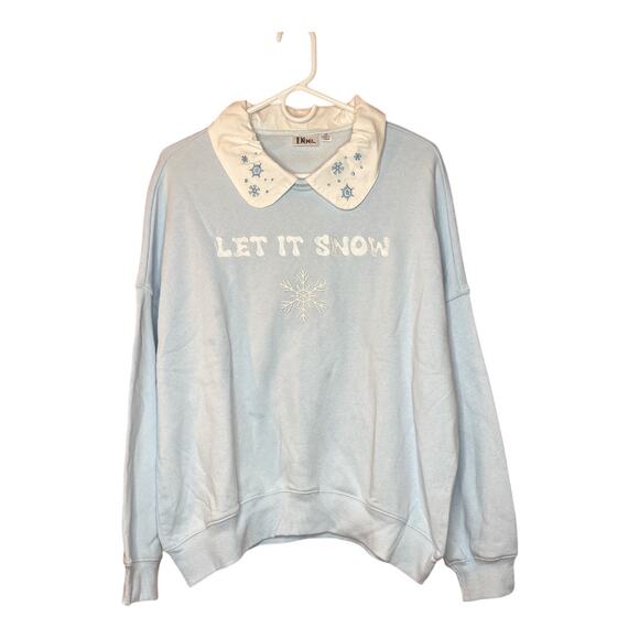 Doe New Women's Light Blue Let It Snow White Collared Crew Sweatshirt Size S - Picture 1 of 5